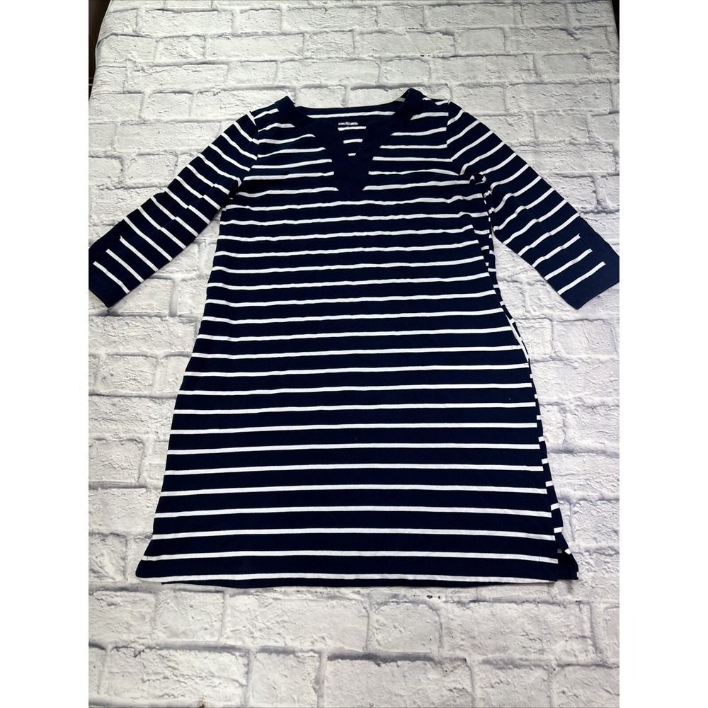 Kim Rogers Navy Blue White Striped Fit & Flare Dress Pockets 3/4 Sleeve Medium